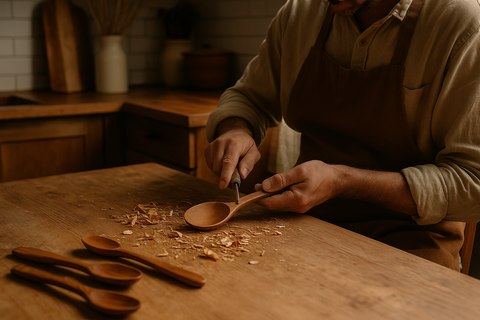 Artisan crafting wooden utensils